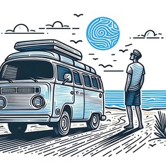 Line art 2d illustration of camper van parking near the beach 