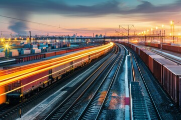 Freight Train at Sunset in Urban Landscape