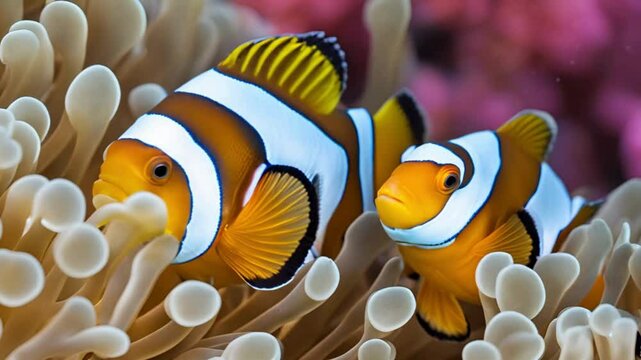 Pair of swimming clownfish in the anemone, colorful healthy coral reef. Couple of Anemonefish underwater. Underwater video from scuba diving on reef. Marine life. Nemo, tropical fish and corals.