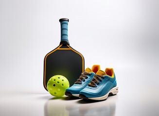 Equipment needed to play Pickleball: paddle, perforated ball and sneakers.