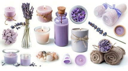 Scented candles, soaps, shampoos and other cosmetics with lavender extract isolated on white. 