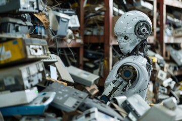 Fototapeta premium Robot in a Junkyard of Old Electronics