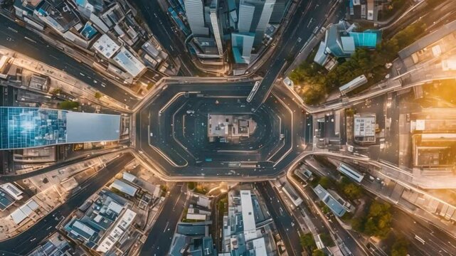 Aerial Futuristic Over Head view High Tech City with FX Economy Financial Charts. Networks, Signals, Connections Passing Through Streets. Shot in 8K at Night Big Data Machine Learning Metaverse.