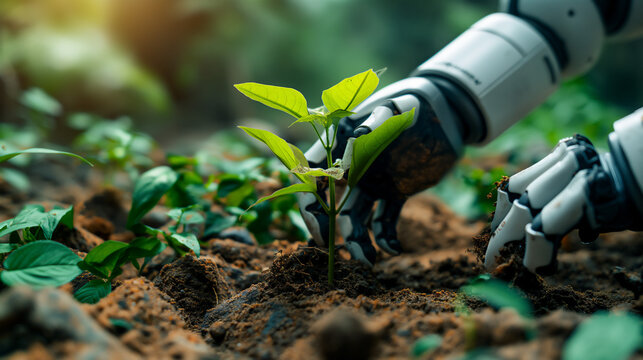 Robot arms and hands carefully planting seedling into ground, ecology and environmental awareness, copy space