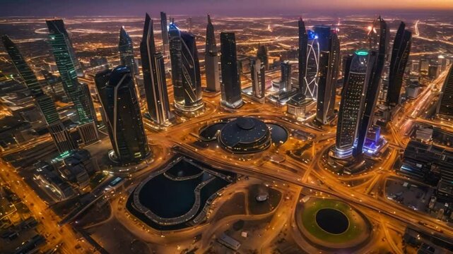Drone hyperlapse aerial shot of King Abdullah Financial District ( KAFD ) at night, Riyadh City, Saudi Arabia