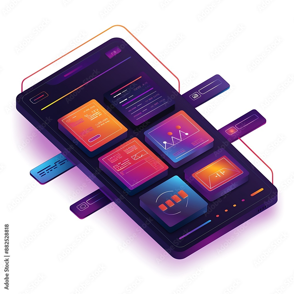 Poster futuristic isometric mobile interface with various apps and widgets