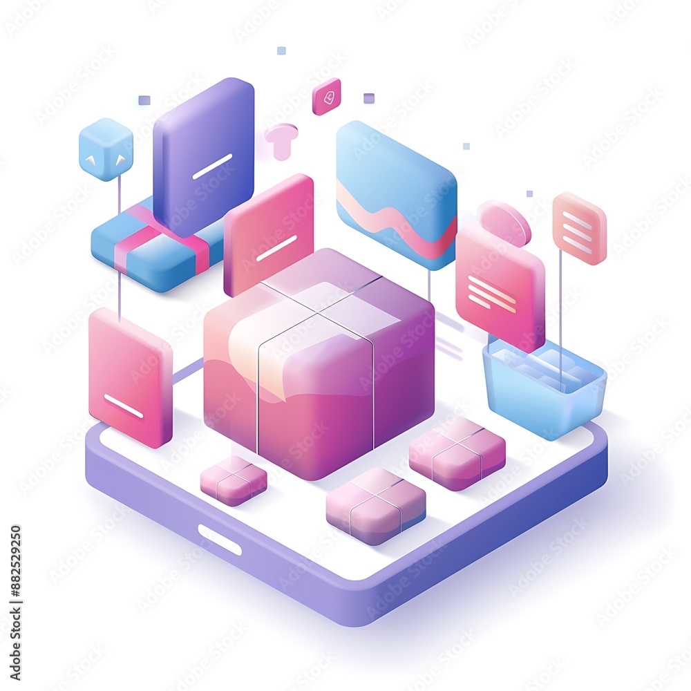 Aufkleber isometric illustration of a smartphone with various 3d geometric shapes and symbols representing a m