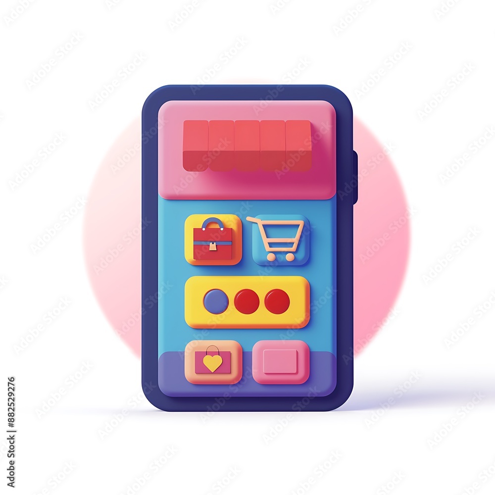 Poster three dimensional shopping app with pastel color scheme and basic user interface elements