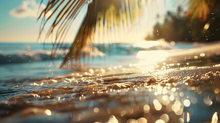 Summer background image of tropical beach with blurred horizon at sunset. Light sand of beach against backdrop of sparkling ocean water. Natural seascape. 