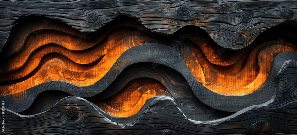 Aufkleber abstract dark wood background with black wave pattern and grain texture, multi-layered carved rustic