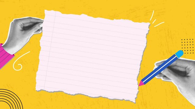 Trendy halftone collage of hands with pen. Writing on a paper with yellow background.