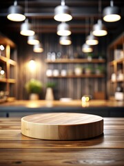 Blurred dark home furnishings background, empty wooden podium for small products in foreground.