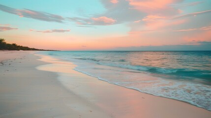 Summer background image of tropical beach with blurred horizon at sunset. Light sand of beach against backdrop of sparkling ocean water. Natural seascape. 