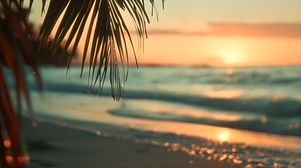 Summer background image of tropical beach with blurred horizon at sunset. Light sand of beach against backdrop of sparkling ocean water. Natural seascape. 