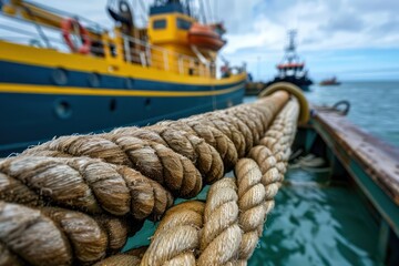 Obraz premium Close-up of Nautical Rope on a Boat Docked at a Marina, Capturing the Essence of Maritime Life and the Intricate Details of Seafaring This Perspective Offers a Unique Glimpse into the World of Boats