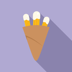 Paper cone is holding three churros that are covered in white icing on a purple background