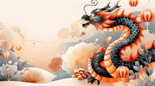 Colorful illustration of a majestic dragon with floral background, perfect for Asian-themed decorations and designs.