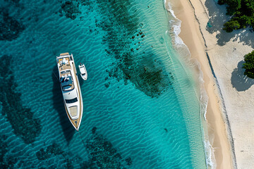Obraz premium Aerial view of luxury yacht in the sea. Top view.