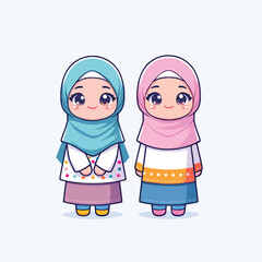 cartoon of two adorable Muslim girls standing together