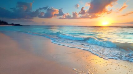 Fototapeta premium Summer background image of tropical beach with blurred horizon at sunset. Light sand of beach against backdrop of sparkling ocean water. Natural seascape. 