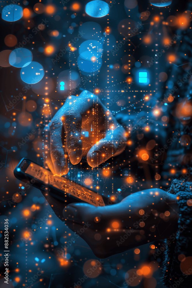 Poster businesswoman using computer for online document management, database storage, digital file access, 