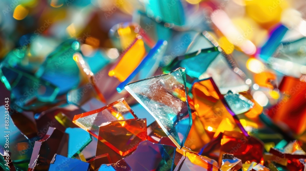 Aufkleber close-up of colorful fragments of broken glass, creating a vibrant and abstract pattern with reflect