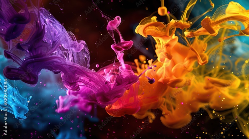 Poster vibrant swirls of colored ink mixing in water, creating an abstract and visually captivating explosi