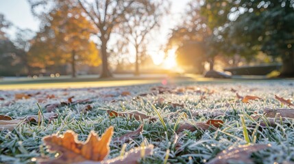 Autumn park with frosty grass and fallen leaves, illuminated by a beautiful sunrise, creating a serene and crisp morning scene.