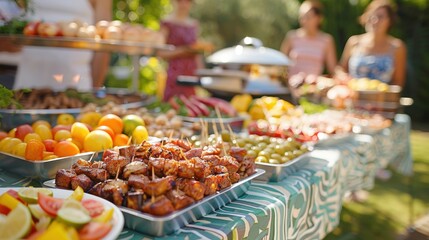 A colorful summer outdoor buffet with various fresh fruits, grilled meats, and vibrant dishes, set up for a social gathering in the garden.