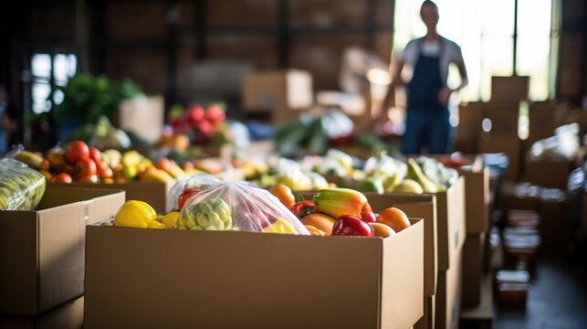 Cardboard boxes filled with fresh produce in a warehouse setting, highlighting a distribution or food donation event.