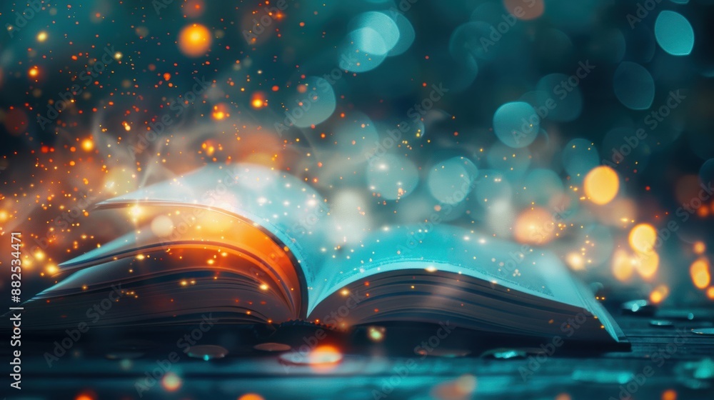 Aufkleber enchanting open book with glowing bokeh lights, creating a magical and whimsical atmosphere.