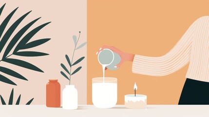 Creative handmade candles, artisan pouring wax and adding unique designs, showcasing the DIY process in a warmly lit crafting space, flat design illustration