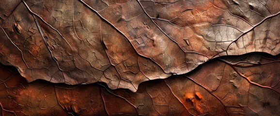 Naklejka premium Abstract dry leaf with straight line patterns and sunlight, highlighting the texture of a brown leaf surface