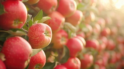 Obraz premium A closeup view of ripe red apples hanging on trees in an orchard during a sunny day, showcasing fresh fruit.