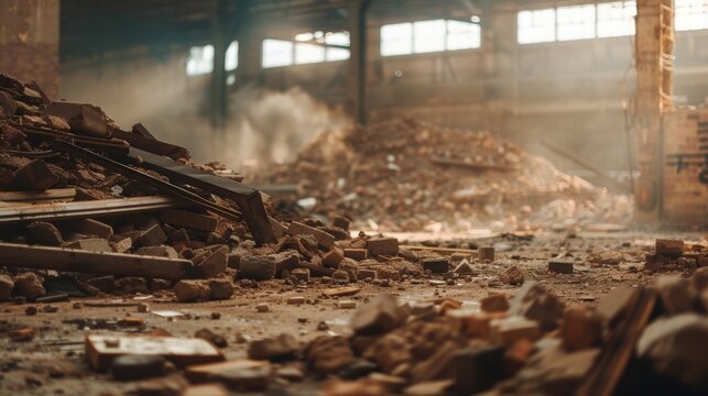 An abandoned warehouse filled with rubble and debris, illuminated by soft, diffused light from broken windows.