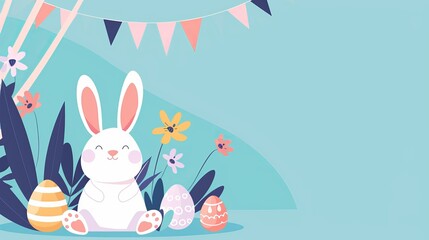 Easter event with vibrant decorations, adhesive bunny stickers and colorful eggs, creating a festive and joyful atmosphere for families and children, flat design illustration