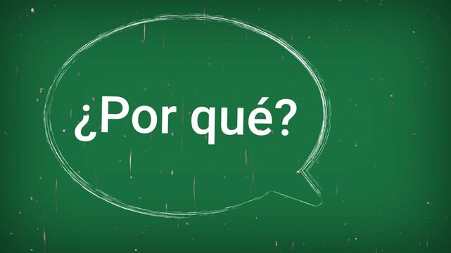 Animaciones burbuja de discurso y la pregunta "&iquest;por qu&eacute;?" adentro, en fondo verde,