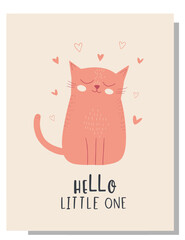 A cute pink cat with hearts is featured on a greeting card with a Hello Little One message