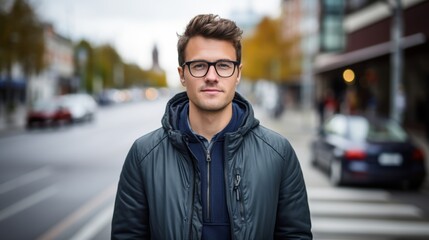 Obraz premium Portrait of a young man with glasses standing confidently in an urban environment, showcasing modern casual style.
