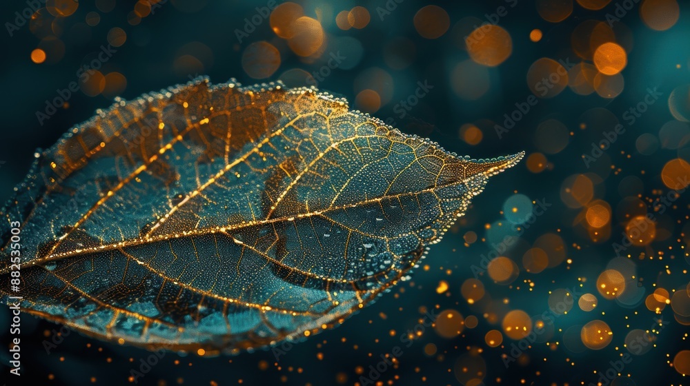 Poster close-up of a dew-covered leaf with golden bokeh in the background, creating a delicate and enchanti
