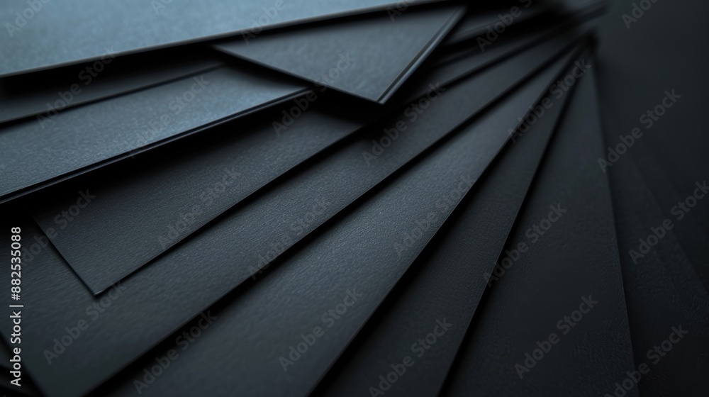 Poster abstract composition of black paper sheets arranged in a fanned out pattern against a dark backgroun