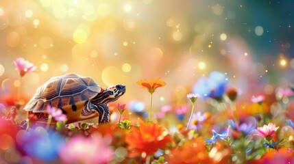 A turtle exploring a vibrant field of colorful flowers, illuminated by soft, golden sunlight and bokeh background.
