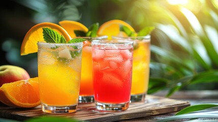 Fototapeta premium Colorful summer cocktails with fresh fruits and mint, displayed on a wooden table with a tropical backdrop of greenery and sunlight.