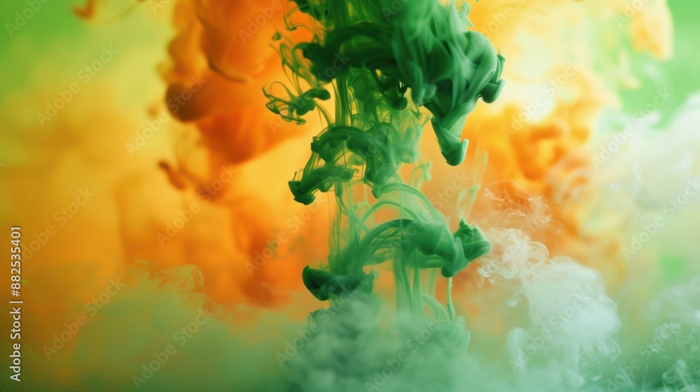 Poster abstract art of green and orange ink swirling in water, creating a dynamic and vibrant visual effect