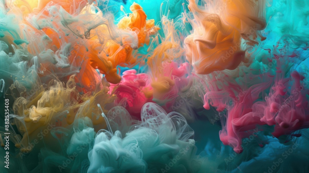 Poster a stunning underwater scene of colorful ink explosion, creating a mesmerizing and dynamic visual wit