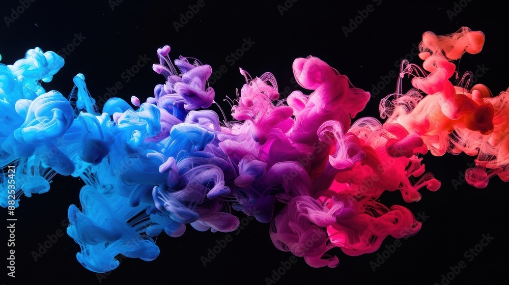 Poster vibrant clouds of colorful ink swirling against a black background, creating a dramatic and dynamic 