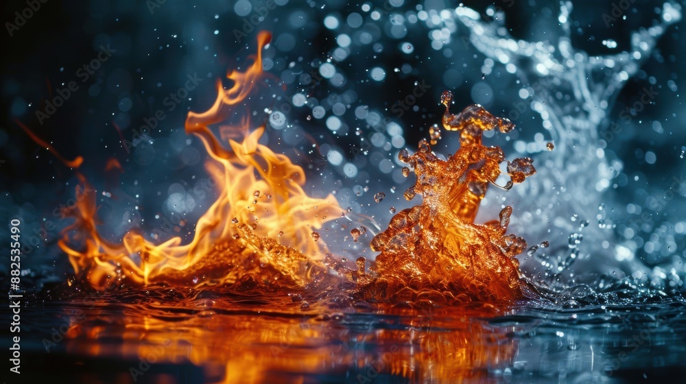 Poster a dramatic collision of fire and water with bokeh effects, showcasing the contrast between the two e