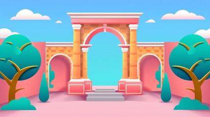 Fair entrance arch, beautifully embellished with ornate decals, welcoming visitors to a world of excitement and fun, flat design illustration