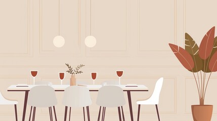 Fancy dining room with adorned table settings, artistic centerpiece, and decorative lighting, exuding elegance and style, flat design illustration