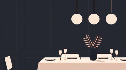 Fancy dining room with adorned table settings, artistic centerpiece, and decorative lighting, exuding elegance and style, flat design illustration